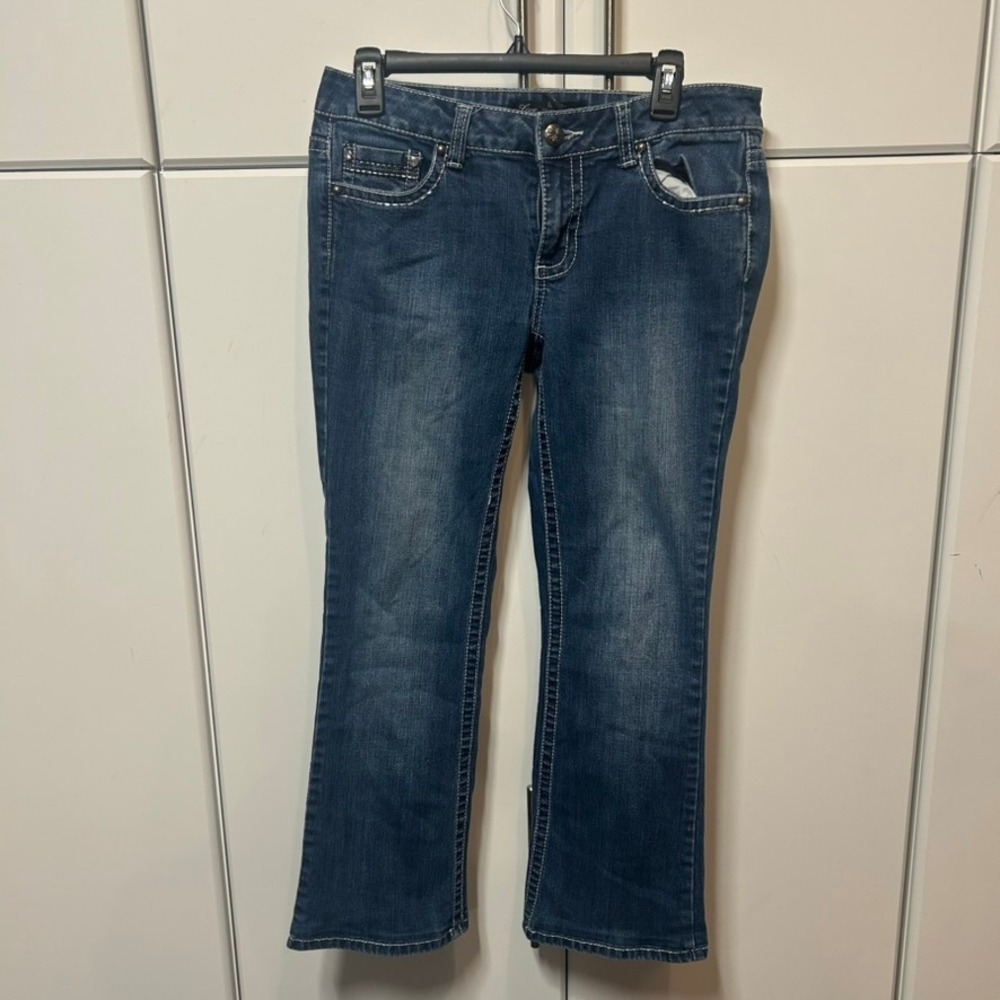 Love Nation Womens Bootcut Jeans Size 6 Medium Wash Embellished Pocket Y2K Blue